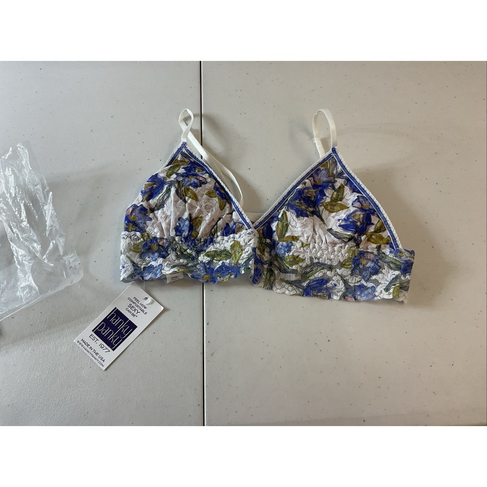 NEW Hanky Panky Signature Lace Padded Bra stretch lace floral blue LG